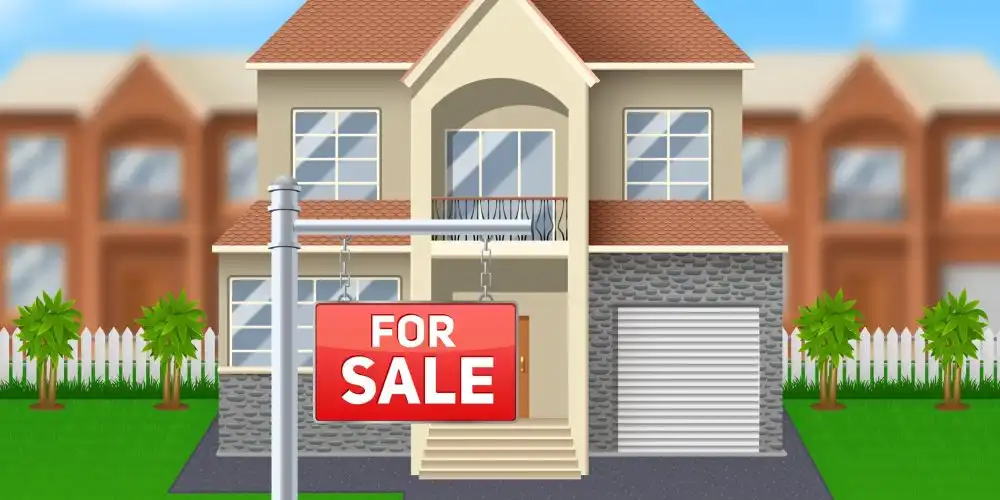 House for sale with lawn and garage and big windows cartoon vector illustration